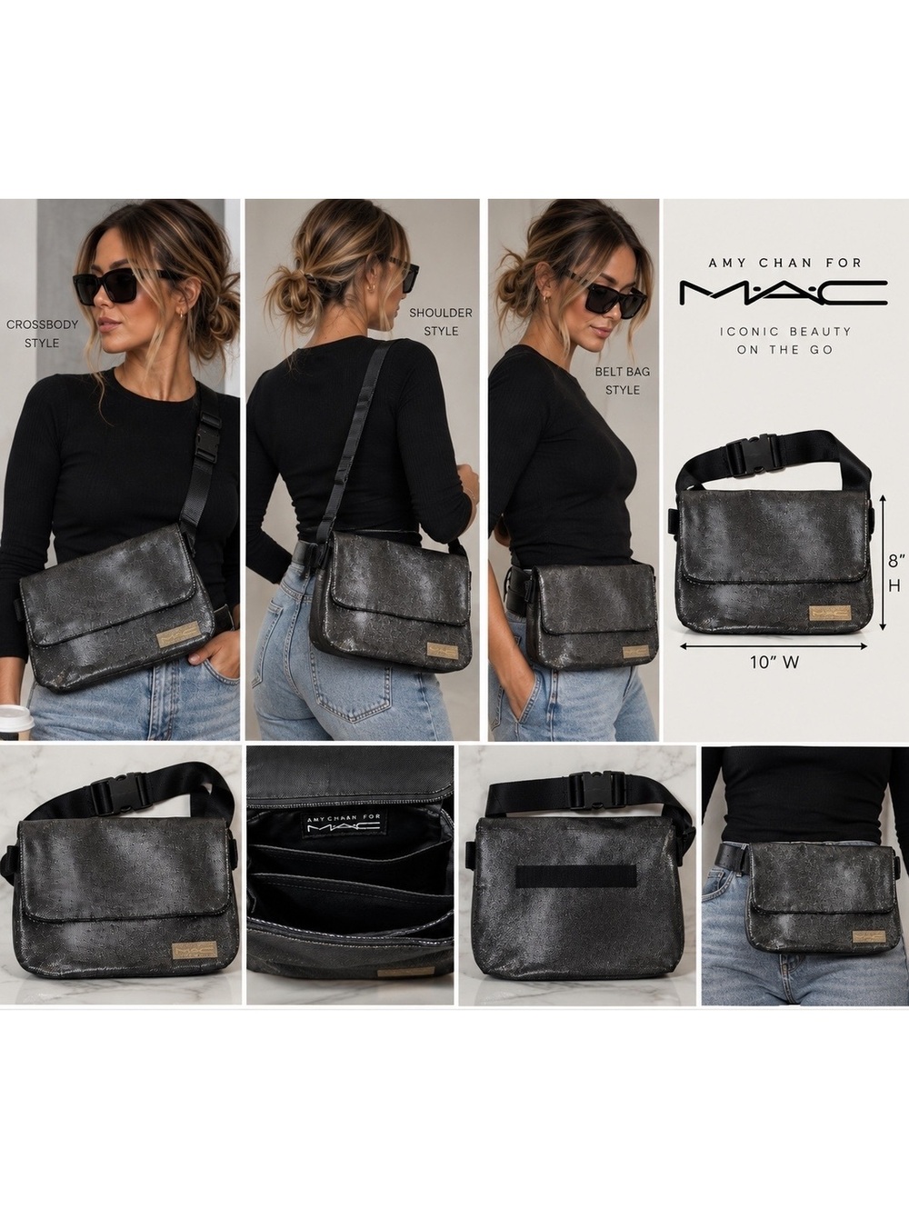 MAC Cosmetics Amy Chan Metallic Black Convertible Belt Crossbody Makeup Bag Y2K